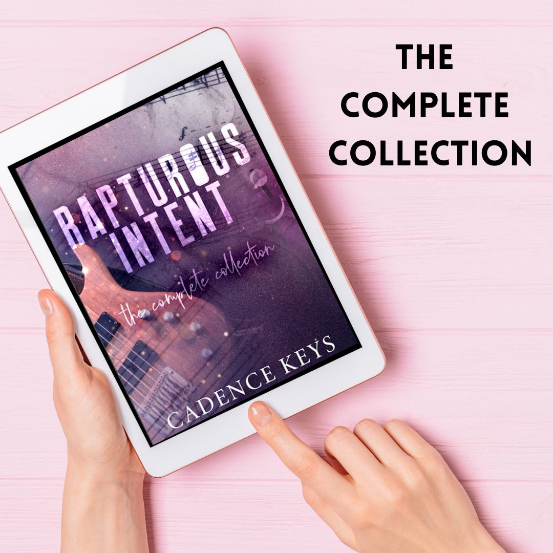 woman holding tablet with cover of rapturous intent: the complete collection by cadence keys. Text in the upper right hand corner says "The complete collection."