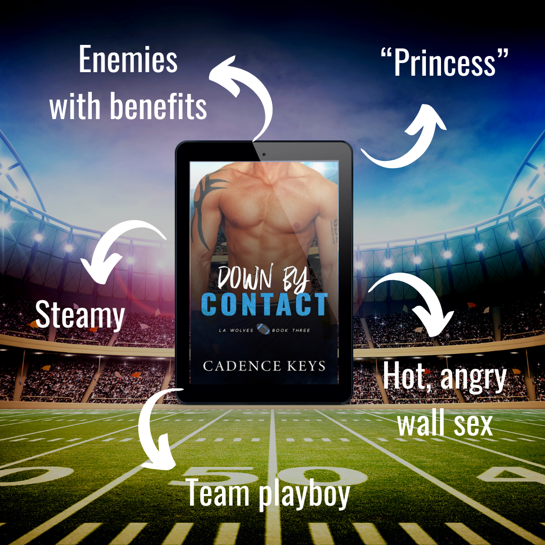 ebook cover of down by contact with arrows pointing to things you'll find in the book ("princess", hot, angry wall sex, team playboy, steamy, enemies with benefits).