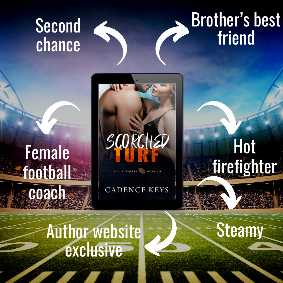 ebook cover of scorched turf with arrows pointing to what you'll find in the book (brother's best friend, hot firefighter, steamy, author website exclusive, female football coach, second chance).